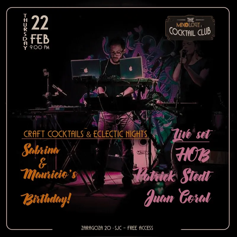 Flyer for the Mixology Cocktail Club with an HOB live set