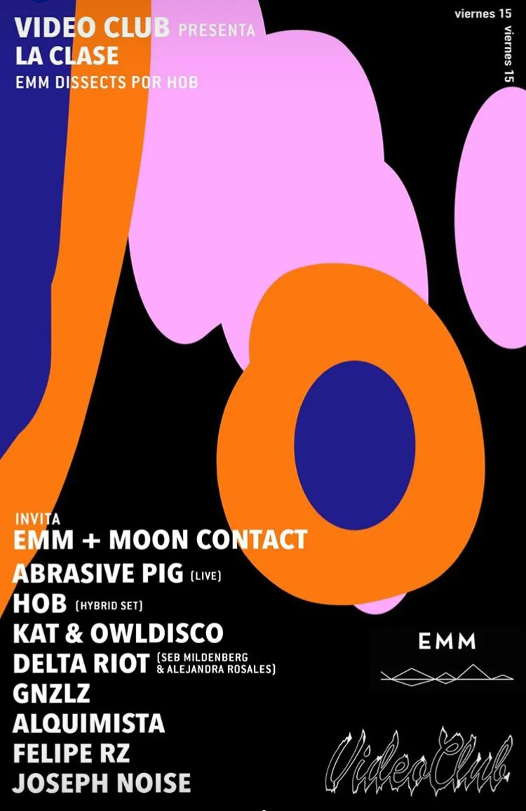 Flyer for EMM + Moon Contact at Video Club with HOB